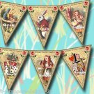 18 x Floral Alice In Wonderland Bunting / Banner Flags  .. 250gsm Cardstock