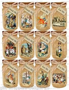 12 x Beige Alice Bottle / Jar Shape Gift Tags / Images .." Eat Me & "Drink Me"