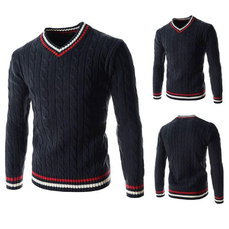 Men Casual V Neck Long Sleeve Knitwear Top Jumper Pullover Slim Sweater