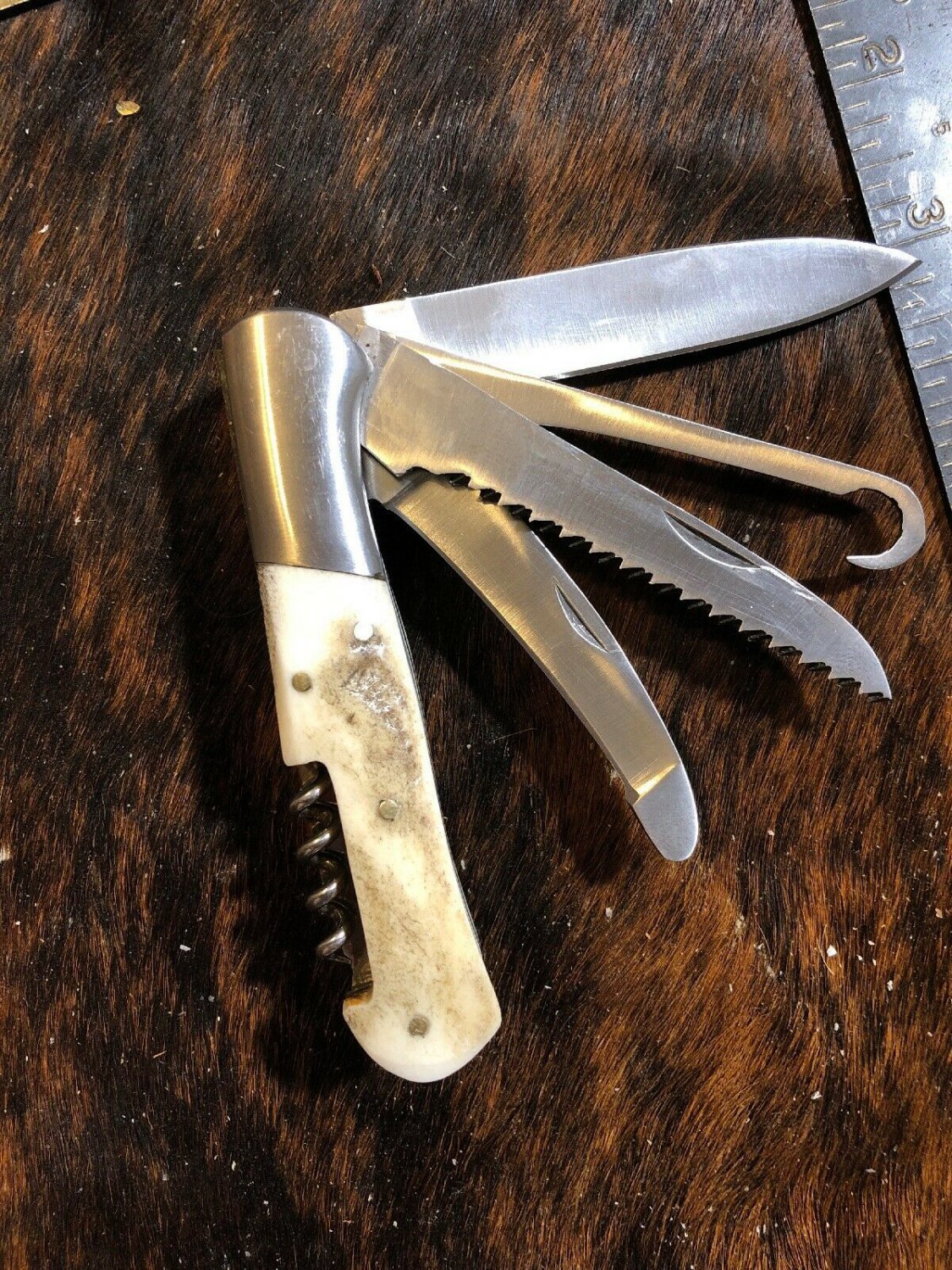 63 Pocket Knife Deer Antler Handle w/ Corkscrew Stainless Steel Blade