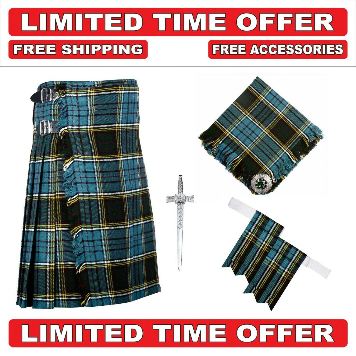 Size 54 Anderson Tartan Scottish 8 Yard Tartan Kilt Package Kilt-Flyplaid-Flashes-Kilt Pin-Brooch
