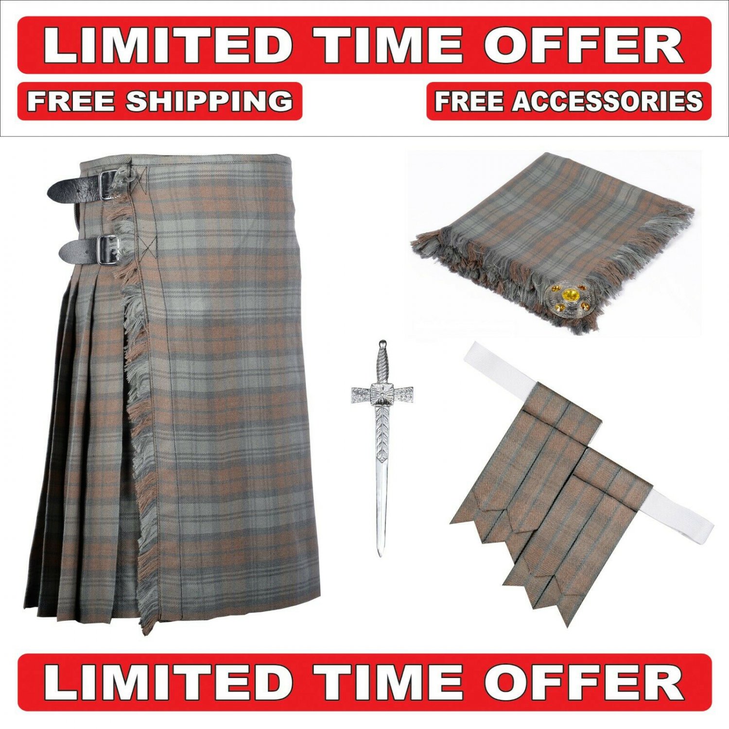 30 Black Watch Weathered Scottish 8 Yard Tartan Kilt Package Kilt-Flyplaid-Flashes-Kilt Pin-Brooch