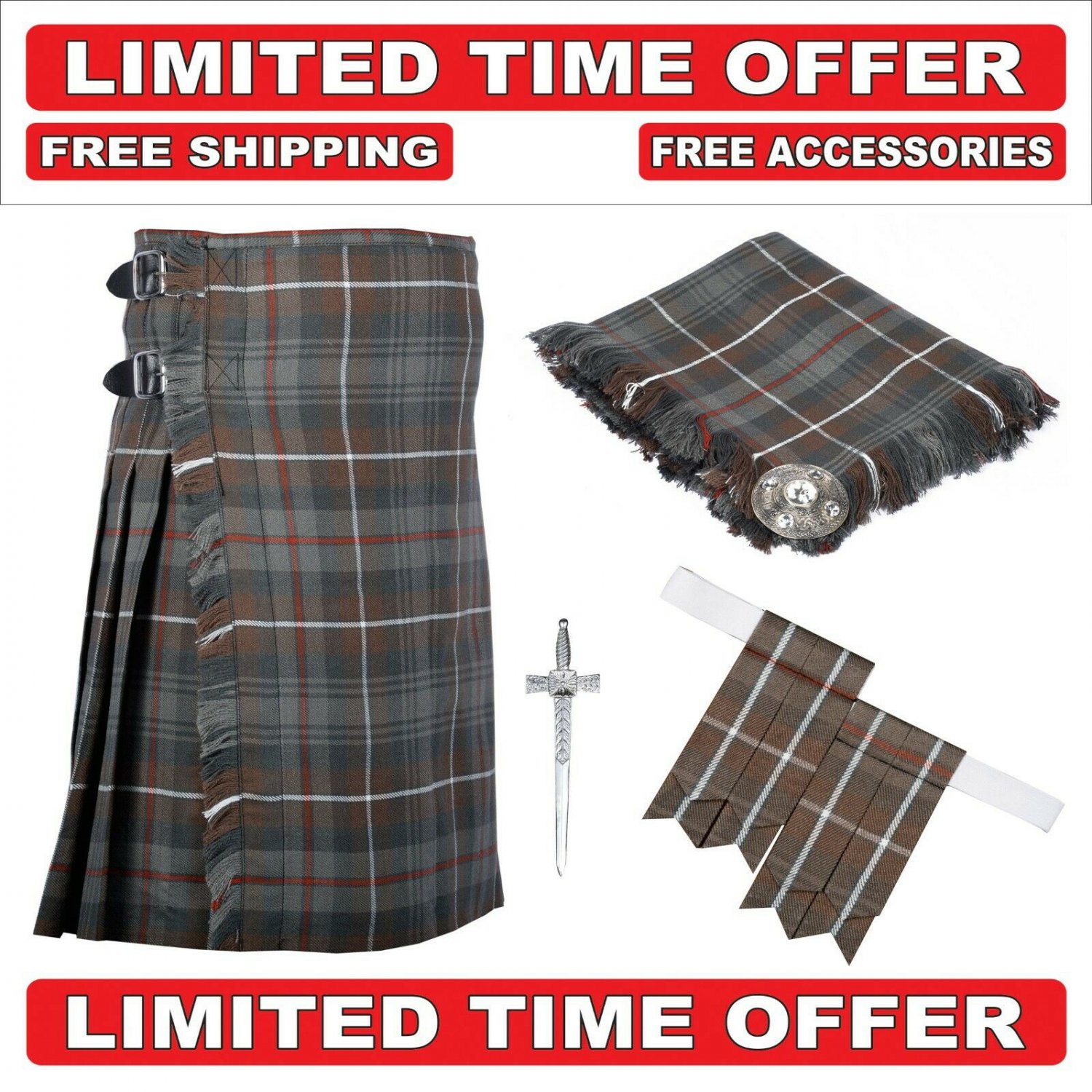 36 Mackenzie Weathered Scottish 8 Yard Tartan Kilt Package Kilt-Flyplaid-Flashes-Kilt Pin-Brooch