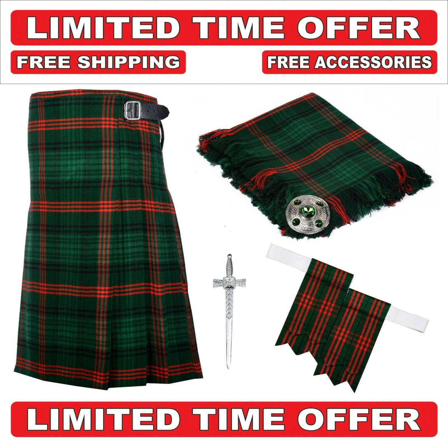 58 Size Rose Hunting Scottish 8 Yard Tartan Kilt Package Kilt-Flyplaid-Flashes-Kilt Pin-Brooch