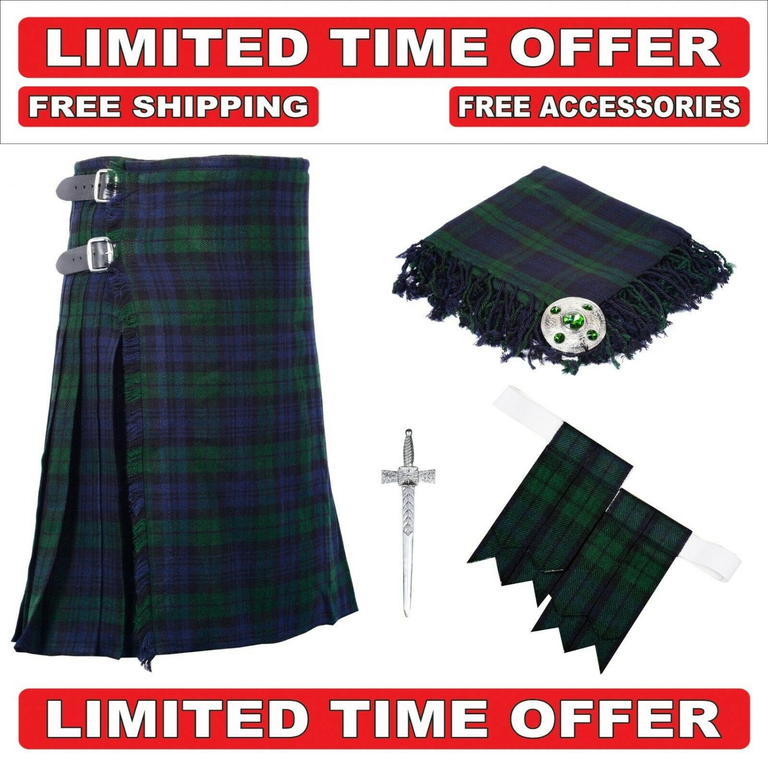 42 Size Black Watch Scottish 8 Yard Tartan Kilt Package Kilt-Flyplaid-Flashes-Kilt Pin-Brooch