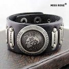 Miss ROSEPunk 25cm Men's Black Leather With Gold Alloy ID Bracelet(1 Pc)