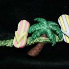 Green Handcrafted Hemp Bracelet with 1 Palm Tree, 2 Sandals w/ Metal Closure.