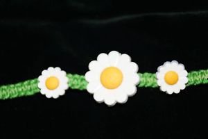 Unique Fun Green Handcrafted Hemp Bracelet with 3 Sunflowers  w/ Metal Closure.