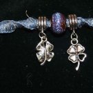 Blue Handcrafted Hemp Bracelet w/2 4Leaf Clover Charms,1 ceramic Charm w/Metal c