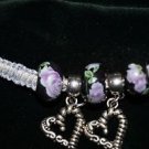 Grey Handcrafted Hemp Bracelet w/2 Black Ceramic Beads, 2 Metal Heart Charms