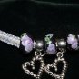 Grey Handcrafted Hemp Bracelet w/2 Black Ceramic Beads, 2 Metal Heart Charms