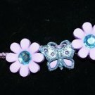 Purple Handcrafted Hemp Bracelet, 2 Purple flowers, 1 Butterfly w/ metal closure