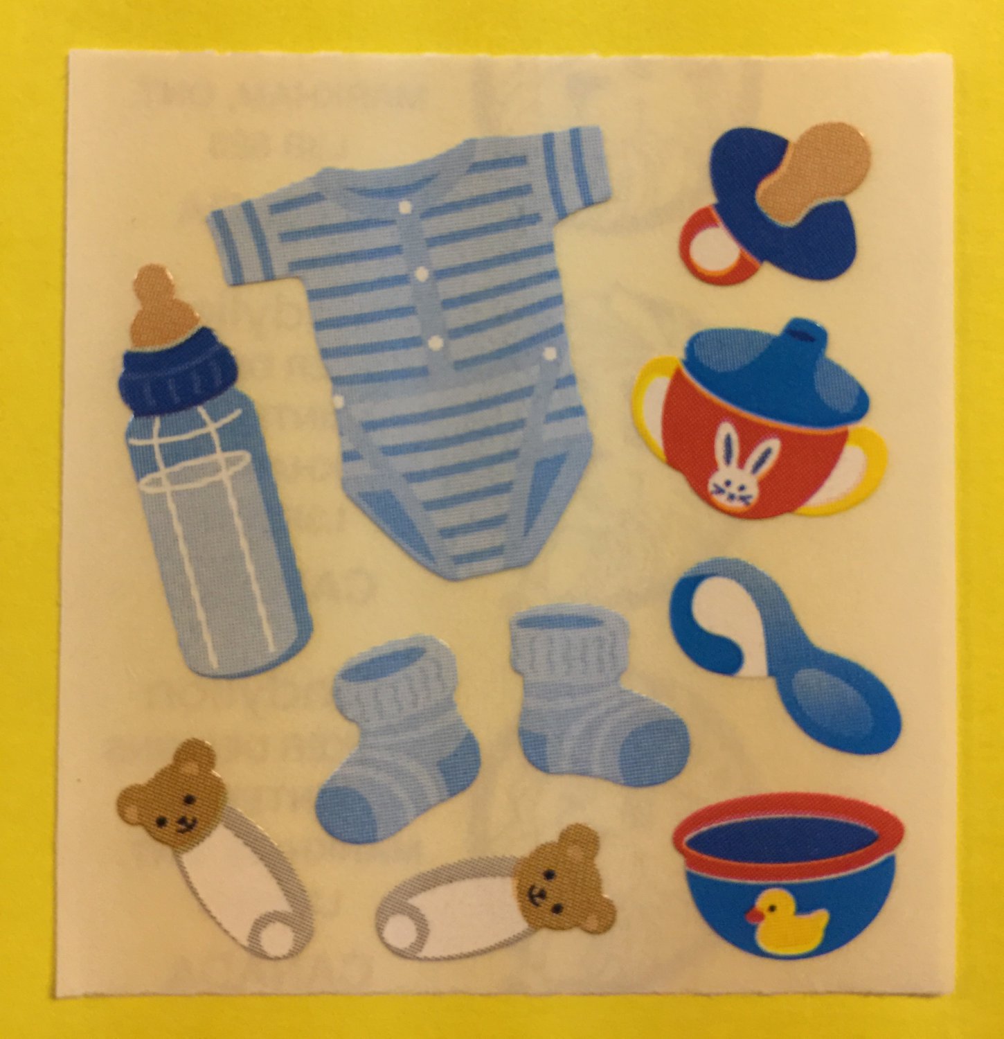 Sandylion Baby Boy Blue Bottle Booties Pacifier Onesee Sippy Cup Stickers Rare Vintage KK455