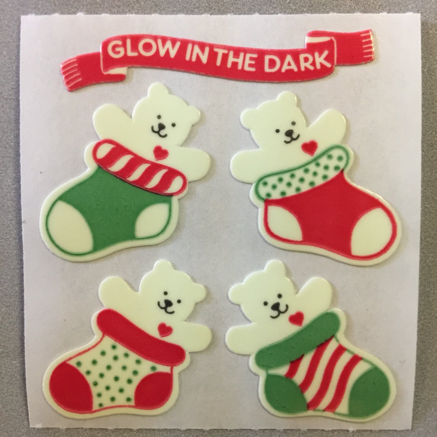 Sandylion Glow in the Dark BEAR IN STOCKING Christmas Stickers Retro Rare Vintage XHG21