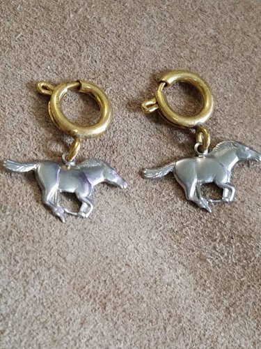 1960s 1" wide silver tone metal Mustang horse charm on soldered brass loop with clasp lot of 2