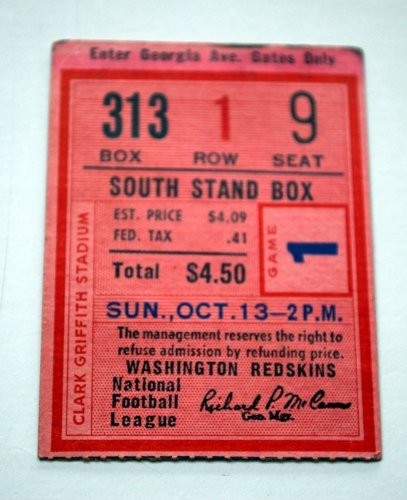 Ticket Stub Washington Redskins 1960s