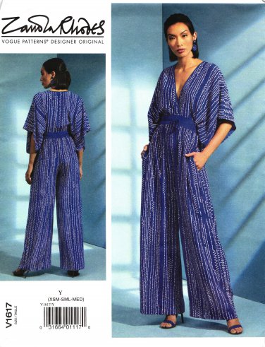 Vogue V1617 Deep V Neck Surplice Jumpsuit Zandra Rhodes Designer Sewing Pattern XS-M