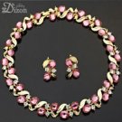 Gold & Pink Crystal Elegant Necklace & Earrings Set