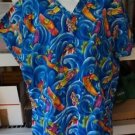 Very Colorful Frog Themed Scrub Shirt Size is Medium Gently Used Free Ship