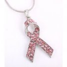 Pink Ribbon Cancer Awarness Rhinestone Necklace New 17" Silver