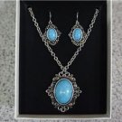 Aqua and Marcasite Stone Pendant Necklace and Earring Set - US Seller