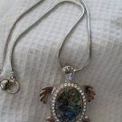Sea Turtle Pendant Faux Diamonds 18" Heavy Chain Sparkling Iridescent Shell