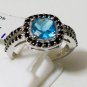 Pure 925 Sterling Silver Solid Ring with Blue Topaz, Black Spinel US size 7.5