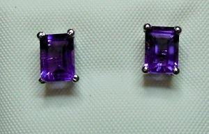 Pure 925 Sterling Silver Solid Studs Earrings Studded with Amethyst Octagon