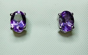 Pure 925 Sterling Silver Solid Studs Earrings Studded with Amethyst Oval