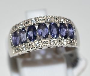 Pure Sterling Silver Solid Ring Studded with Iolite, White Topaz Size 7.5(US)