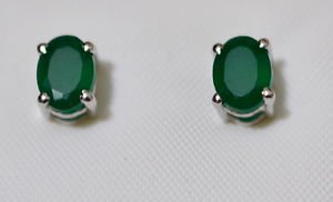 Pure 925 Sterling Solid Silver Studs Earrings Studded with Green Onyx Oval