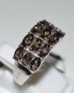 Pure 925 Sterling Silver Solid Fancy Ring with Smoky Quartz Ovals Size 8.0 (US)