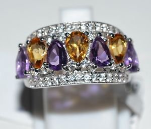 Pure 925 Sterling Silver Solid Amethyst, Citrine, White Topaz Ring Size 7 (US)
