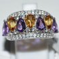 Pure 925 Sterling Silver Solid Amethyst, Citrine, White Topaz Ring Size 7 (US)