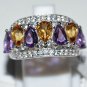 Pure 925 Sterling Silver Solid Amethyst, Citrine, White Topaz Ring Size 7 (US)