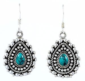 Pure 925 Sterling Solid Silver Dangle Earrings Studded with Turquoise Pear Shape