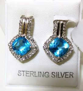 Pure 925 Sterling Silver Solid Earrings studded with Blue Topaz, White Topaz