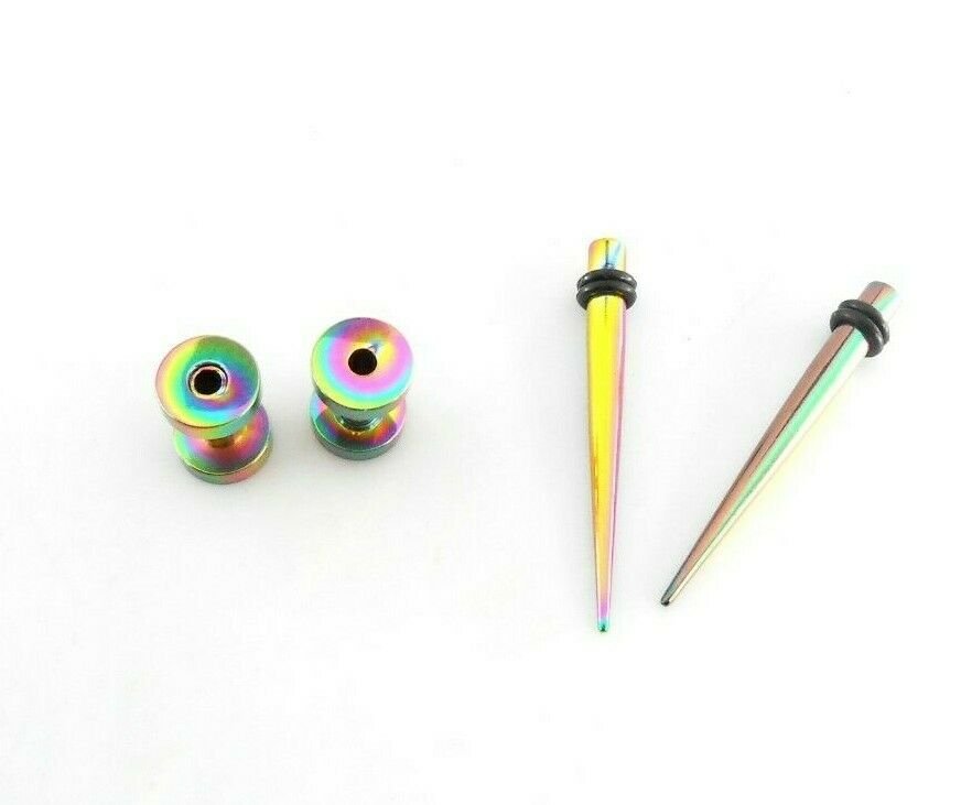 New Stainless Steel "08" EIGHT Ear Gauge Taper Spikes and Plug Set Rainbow