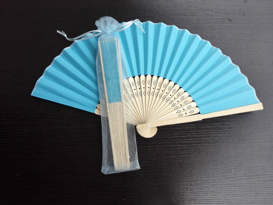 Free Shipping 20Pcs/Lot Plain Blue Paper Hand Fans for Wedding 21cm with Organza Gift Bag