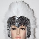 MARDI GRAS SILVER Sequin WHITE Feather Showgirl Headdress NEW