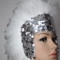 MARDI GRAS SILVER Sequin WHITE Feather Showgirl Headdress NEW