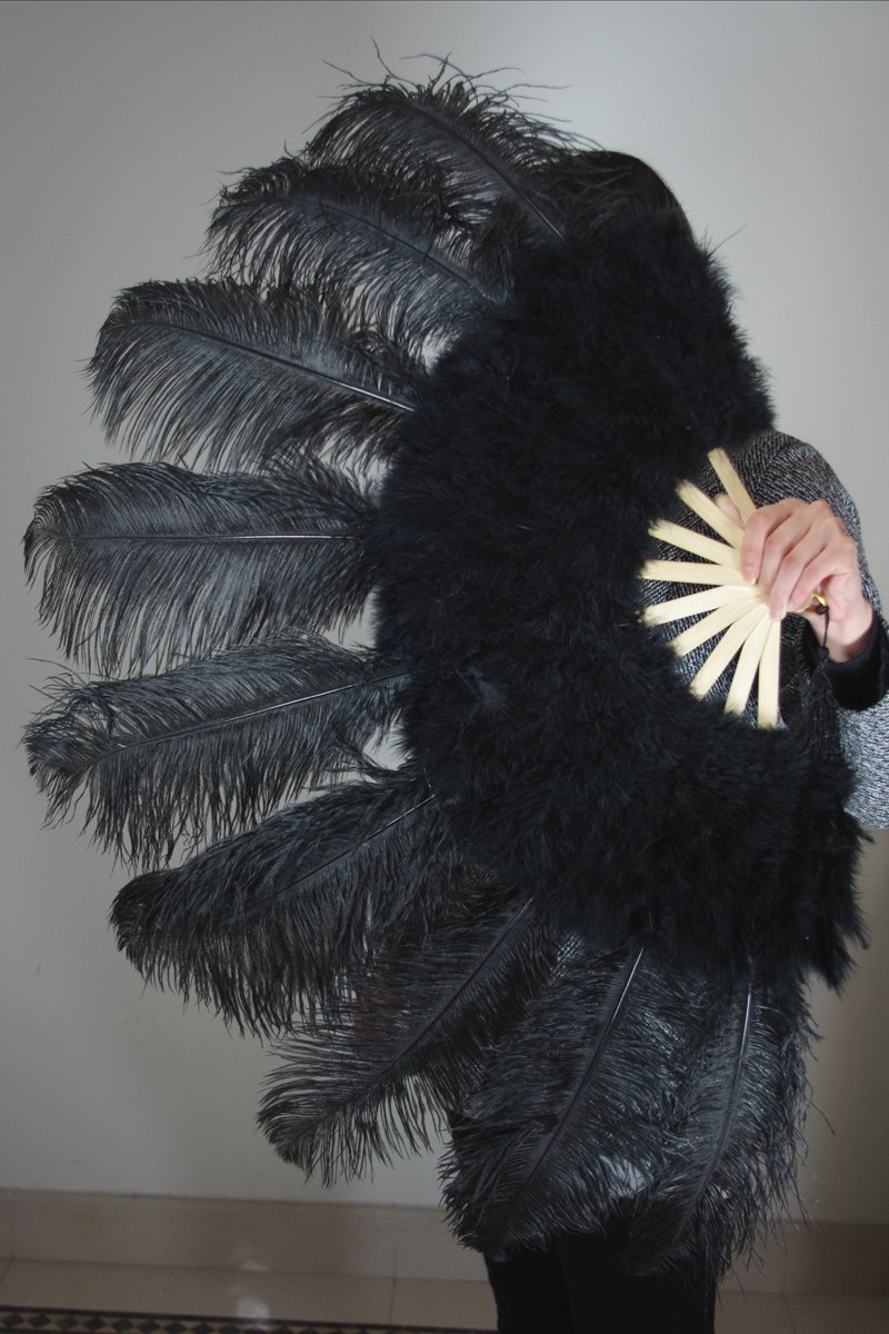 Black Marabou Fan Large Feather Fan Burlesque Fan 24" x 43"