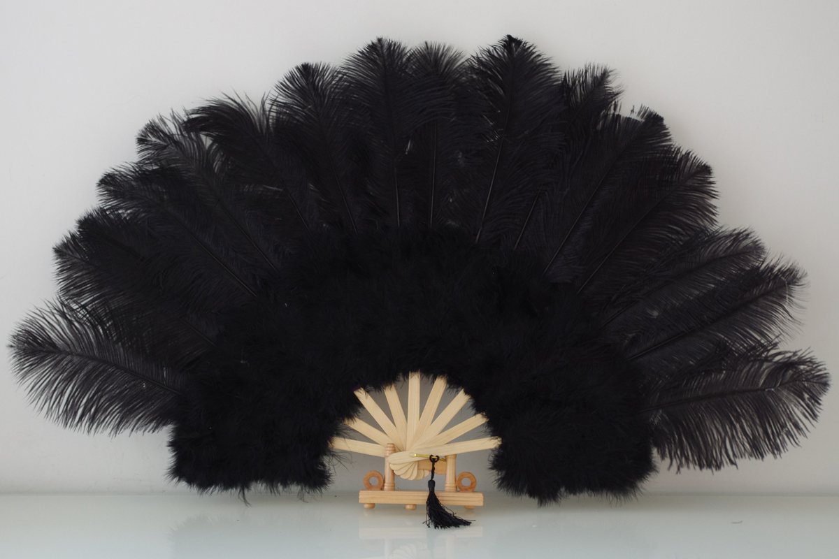 Black Marabou Fan Large Feather Fan Burlesque Fan 21" x 38"