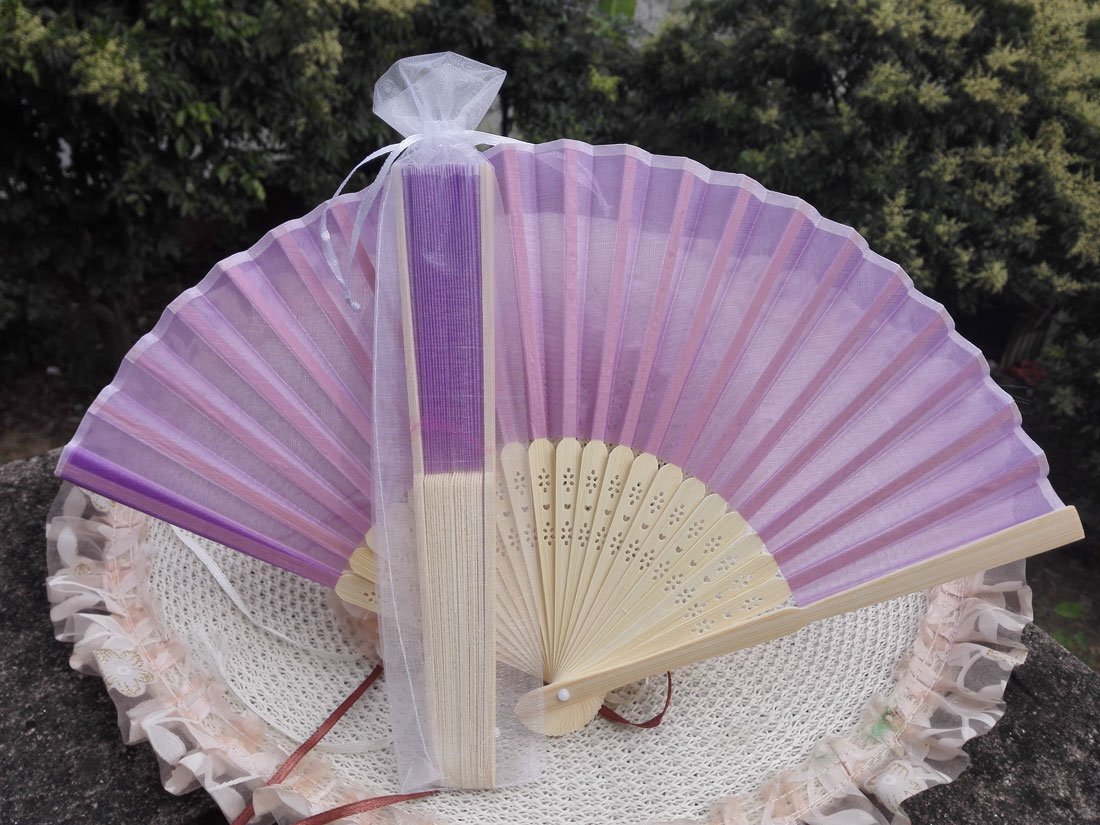 Free Shipping 20Pcs/Lot Plain Purple Silk Hand Fans for Wedding 21cm with Organza Gift Bag