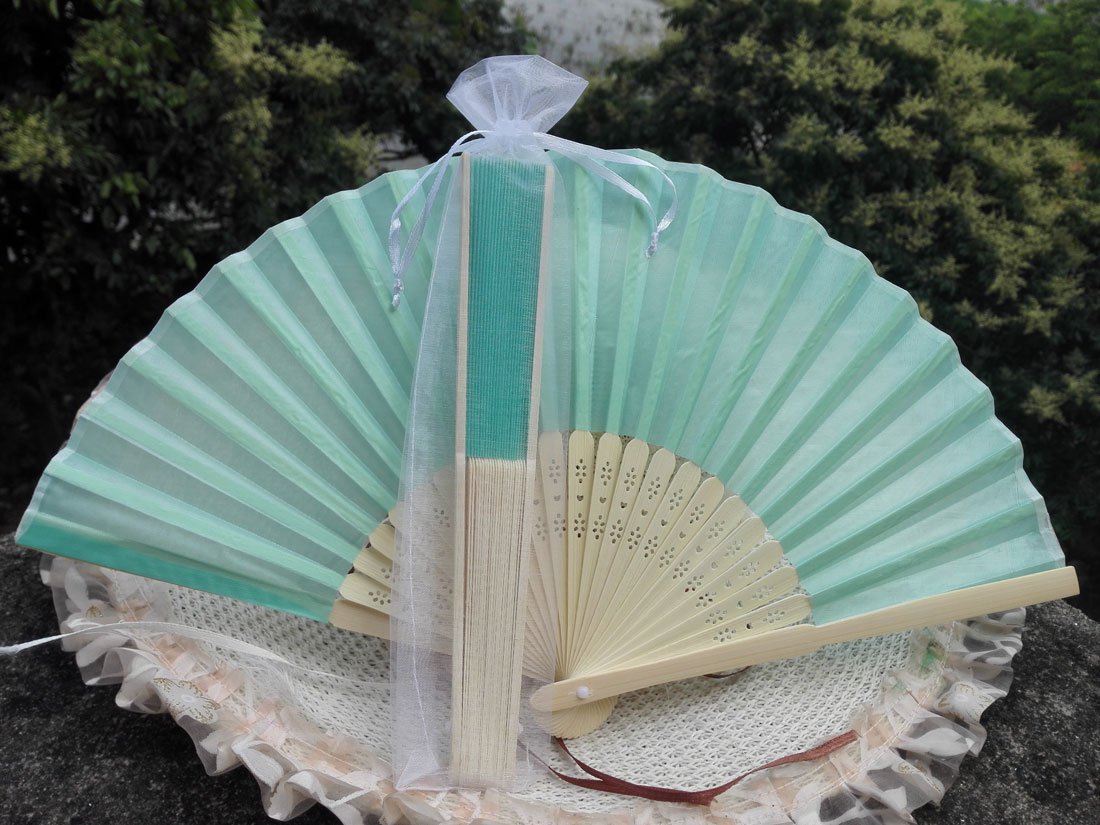 Free Shipping 20Pcs/Lot Plain Light Green Silk Hand Fans for Wedding 21cm with Organza Gift Bag