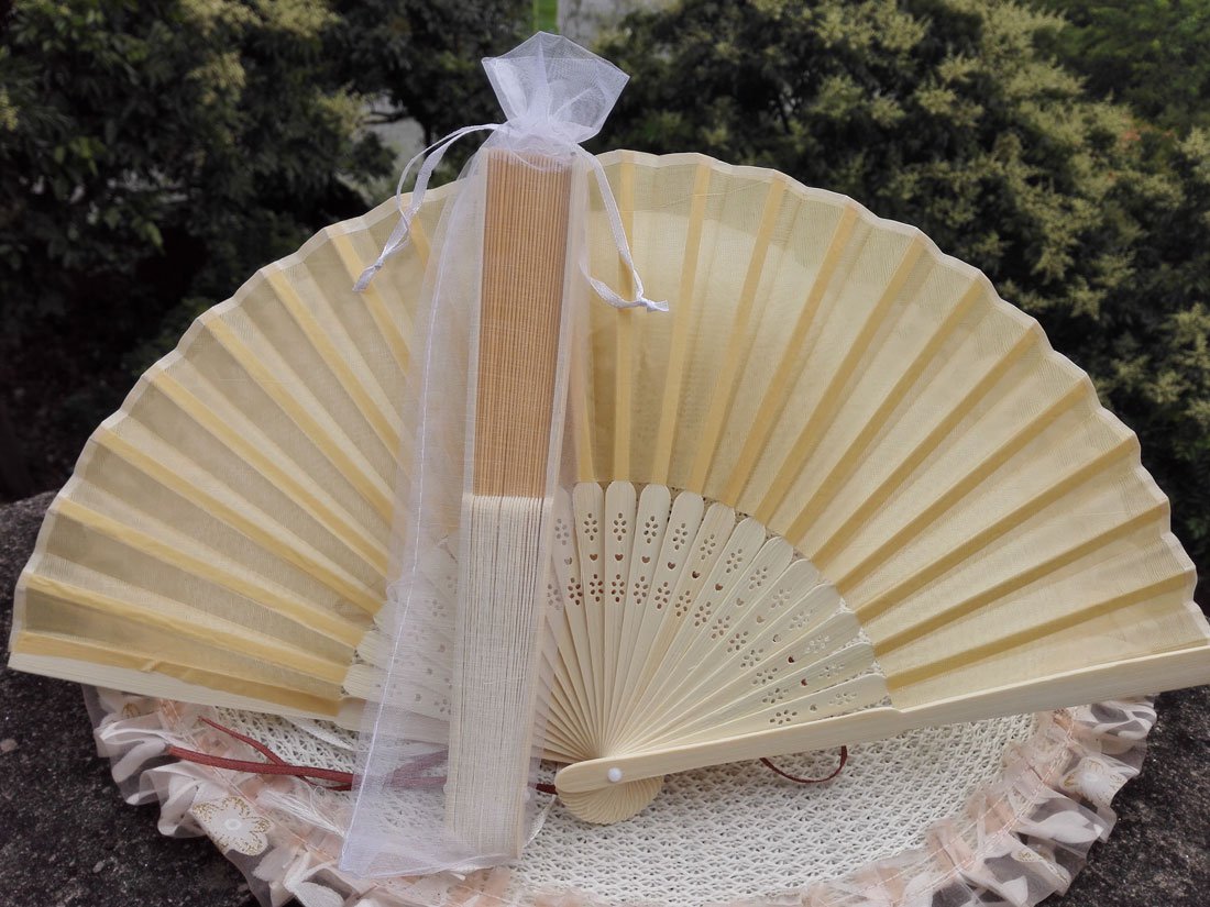 Free Shipping 20Pcs/Lot Plain Yellow Silk Hand Fans for Wedding 21cm with Organza Gift Bag