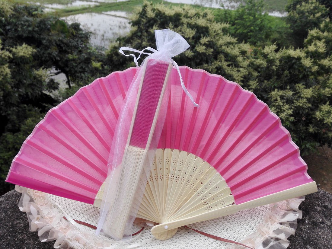 Free Shipping 20Pcs/Lot Plain Hot Pink Silk Hand Fans for Wedding 21cm with Organza Gift Bag