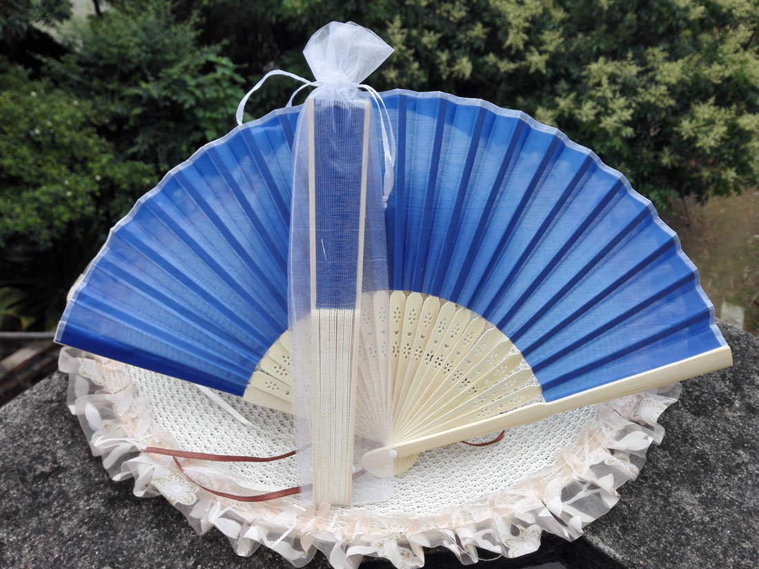 Free Shipping 20Pcs/Lot Plain Dark Blue Silk Hand Fans for Wedding 21cm with Organza Gift Bag