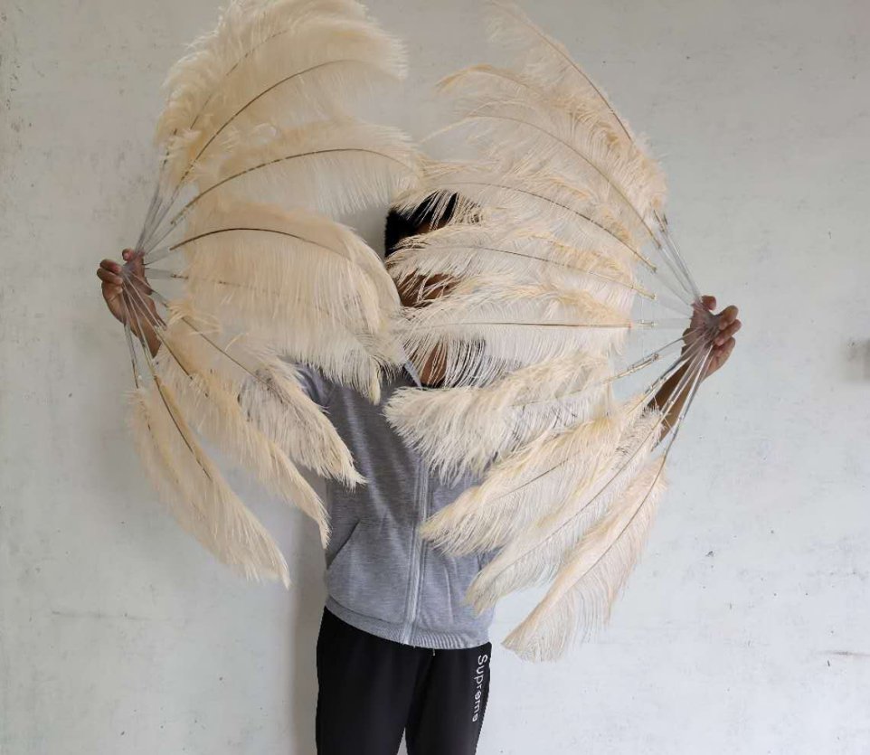A pair Champagne Single-layer large Ostrich Feather fan 24"x41" burlesque dancer