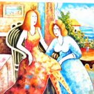 ORIG SIGNED OIL PAINTING 24X27 UNSTRETCHED IMPRESSIONIST WOMEN BEACH CAFE OCEAN